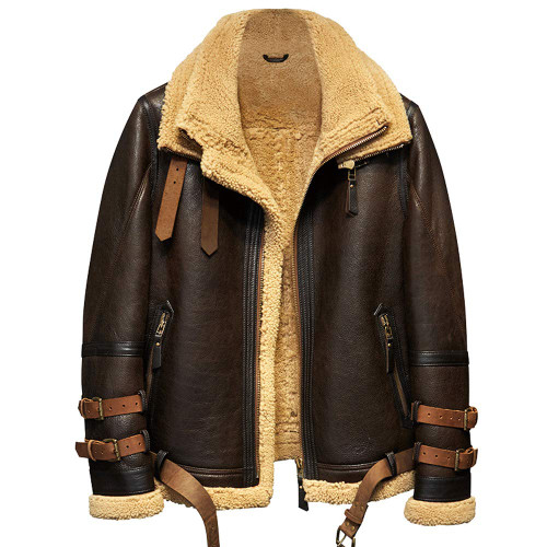 Denny&Dora Mens Shearling Jacket B3 Flight Jacket Imported Wool from Australia Short Leather Jacket Mens Fur Coat (Brown, XL)
