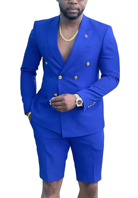 Men's Royal Blue Suits 2 Piece Set Prom Tuxedo Wedding Dress Short Suit for Men Slim Fit Sport Coats and Blazers Short Pants 3XL