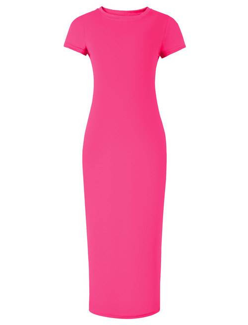 EXARUS Girls Bodycon Maxi Dress Hot Pink Tween Casual Long Formal Dresses Teen Fitted Short Sleeve Pencil Tight Christmas Side Slit Crew Neck for Kids Girl 12Y