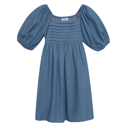 Speechless Girls' Puff Sleeve Babydoll Dress with Pleated Bodice, Denim, 14
