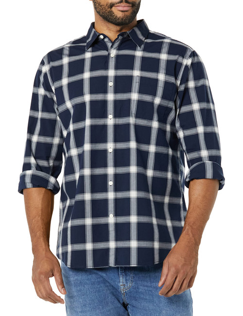 Amazon Essentials Men's Long-Sleeve Slim-Fit Stretch Poplin Shirt, Navy White Buffalo Plaid, Large