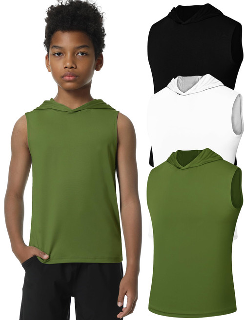 EXARUS 3 Pack Boys Athletic Sleeveless Tank Workout Running Quick Dry Tank Tops with Hooded for Kids 12Y