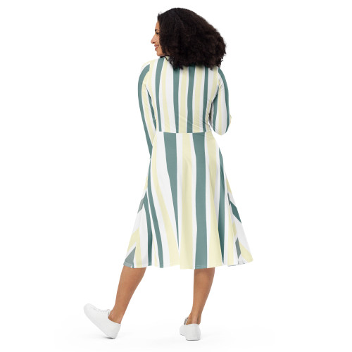 Womens Long Sleeve Midi Dress, Green Yellow Geometric Lines