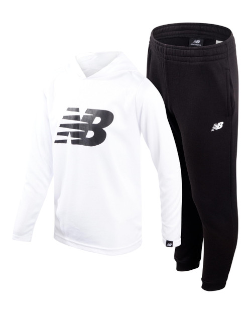 New Balance Boys Sweatpants Set - 2 Piece Waffle Knit Pullover Boys Hoodie and Athletic Pants Kids Activewear Set (8-16), Size 8, White/Black
