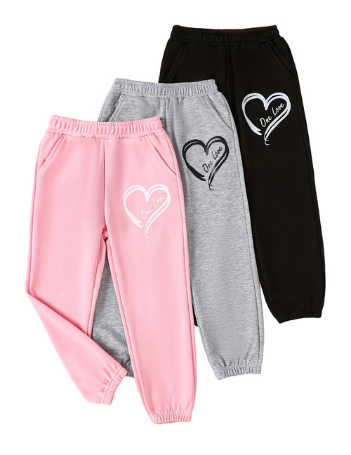 Fdqin Girls' 3 Pcs Letter Graphic Print Sweatpants Kids Athletic Joggers Pants with Pockets Black Gray Pink 9-10Years