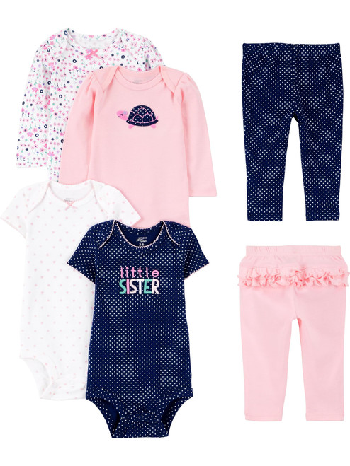 Simple Joys Baby Girl's 6 piece Little Character set Sleepwear, Pink/Navy Ruffle, 0-3 Months