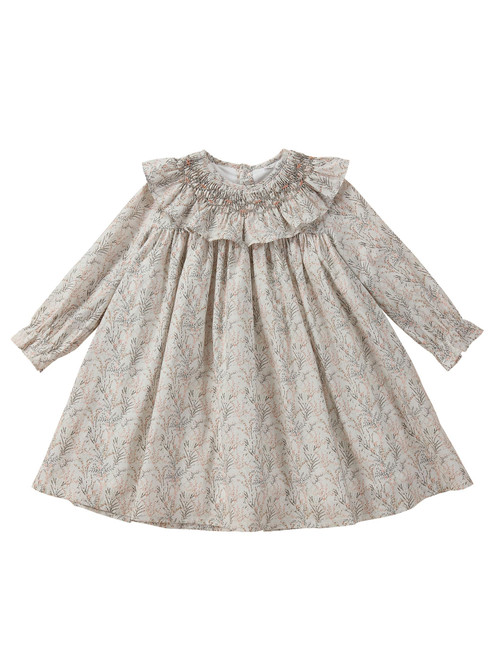 Baby Girls Long Sleeve Smocking Clothing Toddler Fall Floral Smocked Dress Vintage Dresses for Easter Birthday Holiday (US, Age, 18 Months, Beige)