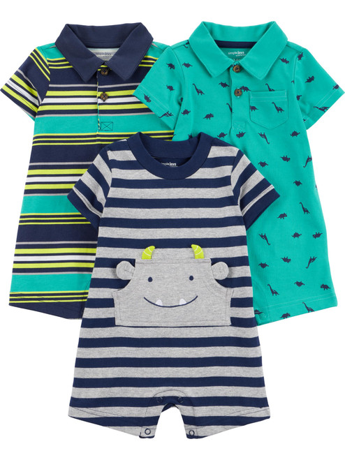 Simple Joys by Carter's Baby 3-pack Rompers, Blue Stripe/Turquoise Dino/Grey Navy, 3-6 months