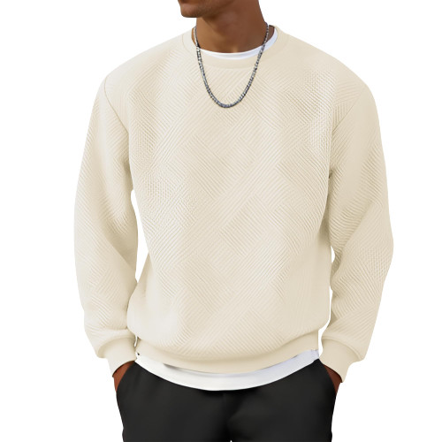 UOUA Men's Crewneck Sweatshirt Solid Color Waffle Pullover Casual Long Sleeve Shirt for Fall Winter, Beige, L