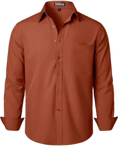 ZEROYAA Men's Regular Fit Dress Shirt Solid Wrinkle-Free Long Sleeve Casual Business Button Up Shirts with Pocket ZSSCL05-Burnt Orange XX-Large