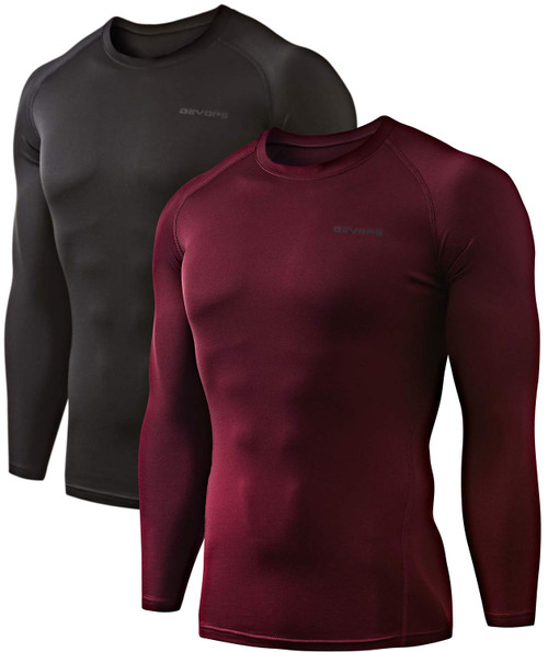 DEVOPS 2 Pack Men's Thermal Long Sleeve Compression Shirts (Small, Black/Wine)