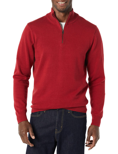 Amazon Essentials Men's 100% Cotton Quarter-Zip Sweater, Red, Small
