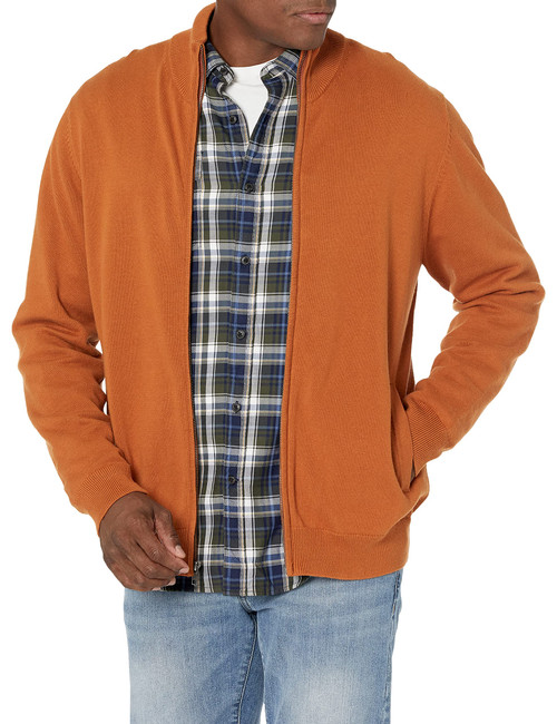 Amazon Essentials Men's Full-Zip Cotton Sweater, Rust, Large