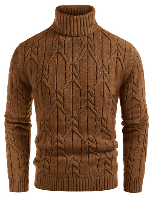 GRACE KARIN Mens Turtleneck Sweater Cable Twisted Pattern Loose Fit Long Sleeve Cable Knit Pullover Sweaters Coffee L