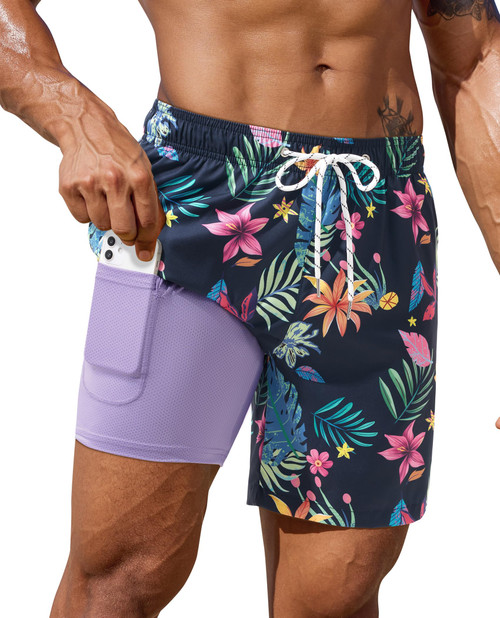 Gleeease Mens Swim Trunks Mens Swim Shorts 7 inch with Compression Liner Zipper Pockets Drawstring Quick Dry Stretch Comfort Lined Funny Beach Swimming Pool Surf Navy Floral and Leaf Large