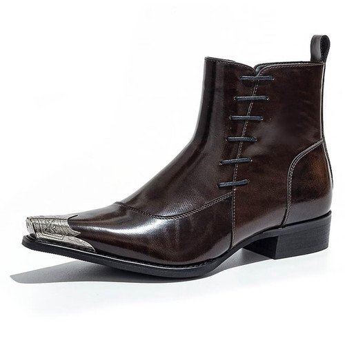 POTENCE STAR Men's Brown Western Ankle Boots with Pointed Toe Metal Toe Cap and Side Zipper Dress Boots for Business Wedding Party Fall Winter Fashion