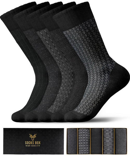 SOCKS BOX Mens Black Dress Socks, Premium Bamboo Rayon Socks for Men, Patterned, Elegant Desig, 5 Pack, Gift Box