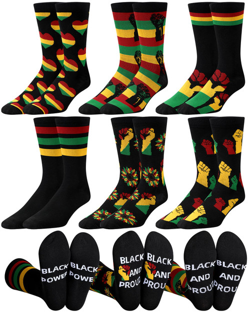 Cutecrop 6 Pairs Black History Month Socks for Men Novelty African Flag Crew Socks Juneteenth Dress Black History Gifts for African Men