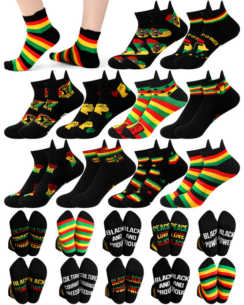 Cutecrop 10 Pairs Black Power Socks for Men African Flag Novelty Ankle Socks Funny Kwanzaa Christmas Holiday Freedom Day Gifts Black History Month Juneteenth Gifts Bulk for African American Men