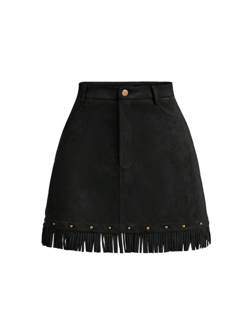 WDIRARA Women's Faux Suede Fringe Skirt High Waisted Tassel Western Mini Skirts Black Small