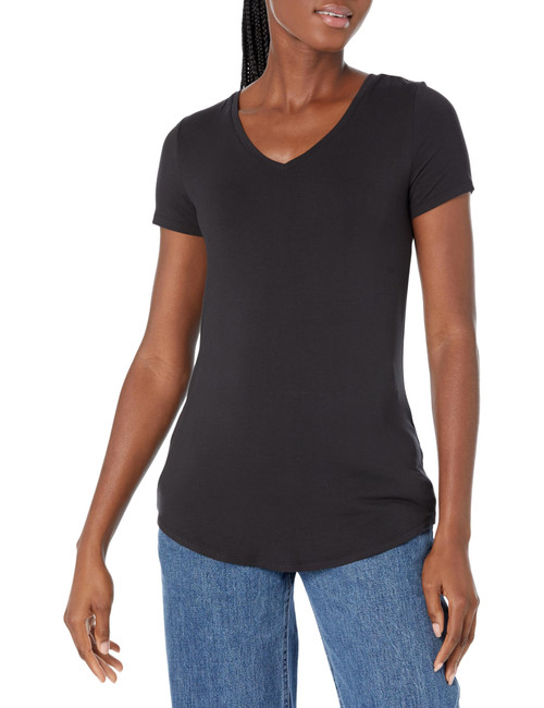Amazon Essentials Women's Relaxed-Fit Short-Sleeve V-Neck Tunic (Available in Plus Size), Black, X-Large