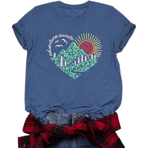 Women's Vintage Adventure Awaits Graphic Tee, Kindness Heart Mountain Nature Shirt for Hiking Travel Workout Tops