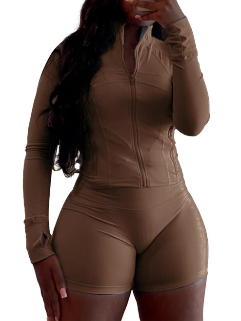 XZLUFNY Two Piece Short Set Going Out Activewear Sport Jacket with Functional Pockets Package Hip Skinny Short Coffee XL