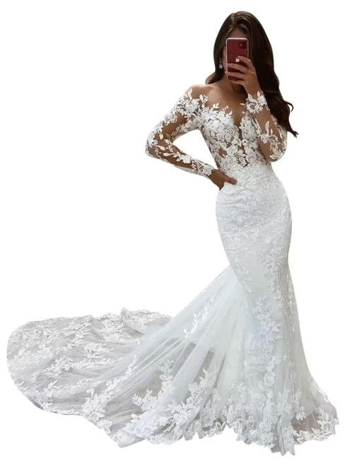 Long Sleeve Wedding Dresses for Bride Lace Appliques Tulle Beach Mermaid Bride Dress with Train V Neck Bohemian Bridal Gowns Backless Style7 White US4