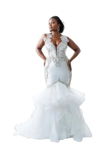 Plus Size Mermaid Wedding Dresses for Brides Satin Beaded White Deep-V Luxury Bridal Gowns with Long Train