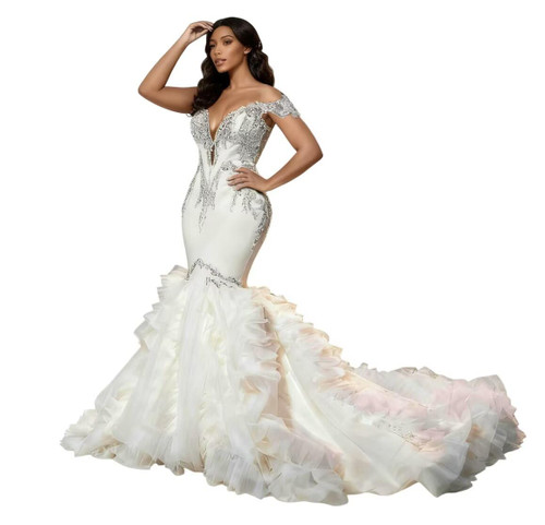 Glitter Mermaid Wedding Dresses Plus Size for Brides Off Shoulder Mermaid Beaded Appliques Bridal Gowns with Long Train Ivory