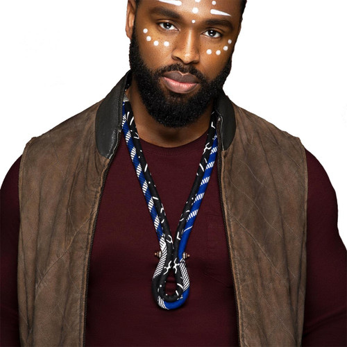 African Necklace for Men | Blue and Black Ankara Necklace | Men’s Corded Neck Tie | Men’s African Tie | Mens Tribal Jewelry | Black, Blue, White | Afrocentric Collar | Cloth & Cord