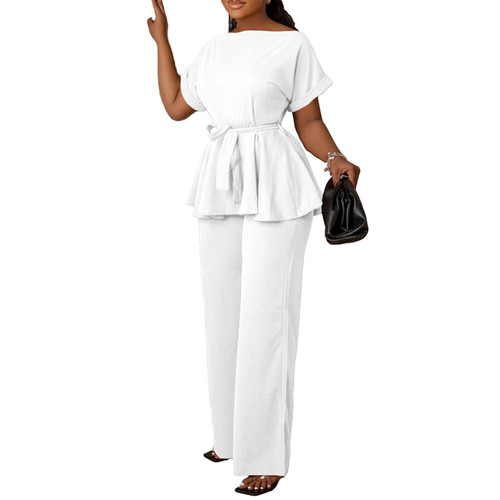 Women Two Piece Outfits Pants Suit Sets Peplum Pullover Tops Long Flared Pants Sets White XXL