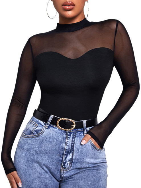 GORGLITTER Women's Turtleneck Long Sleeve Fall Tops Y2K Dressy Mock Neck Sexy Sheer Mesh Casual Going Out Tees Top 2025 Black Medium