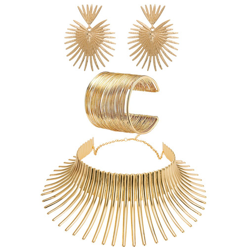 WAINIS African Collar Choker Necklace Earrings Bangle Set for Women Statement Tooth Shape African Inspired