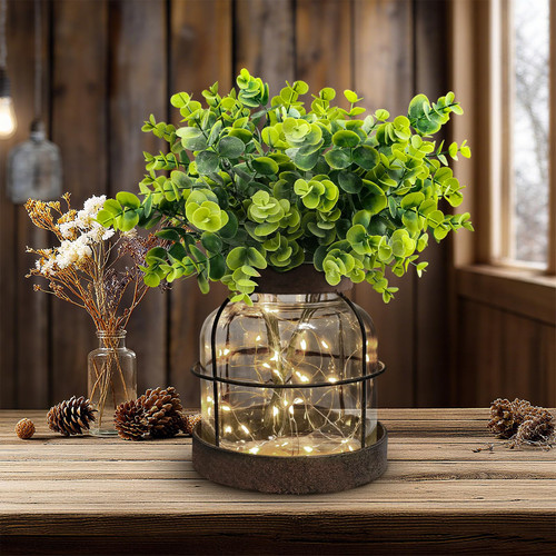 Rustic Farmhouse Glass Vases with Green Artificial Eucalyptus Plants & Lights Primitive Vintage Lantern Home Decor Centerpiece for Counter Coffee Table Shelf Desk Office Dining Room Kitchen Bathroom
