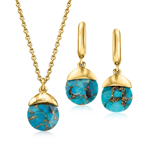 Ross-Simons Turquoise Jewelry Set: Drop Earrings and Necklace in 18kt Gold Over Sterling. 18 inches