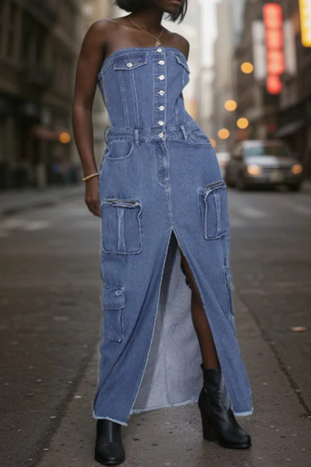Casual Strapless Sleeveless High Waist Pocket Buckle Front Slit Denim Maxi Tube Dresses