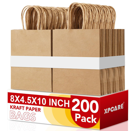XPCARE 200Pack Paper Bags 8x4.5x10 Inch, Plain Medium Paper Bags with Handles Bulk, Kraft Paper Gift Bag, Retail, Party, Shopping, Favor Bag (Brown)