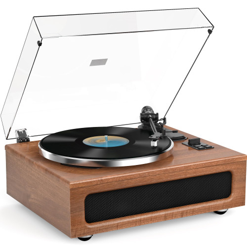 Record Player All-in-One Vintage Turntable for Vinyl Records Built-in 4 Stereo Speakers High Fidelity Audio AT-3600L Phono Belt Drive Vinyl Player BT Wireless Pariing Aux-in RCA Auto Stop Walunt Brown