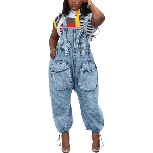 HTD Women's Bib Denim Overalls Loose Wide Leg Jean Jumpsuit With Cargo Pockets Blue M