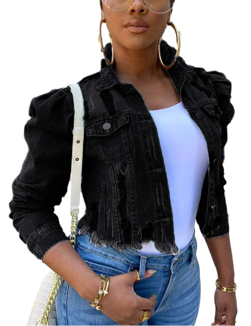 Omoone Women's Ripped Puff Sleeve Denim Crop Top Long-Sleeve Cropped Jean Jacket(1676-Black-L)