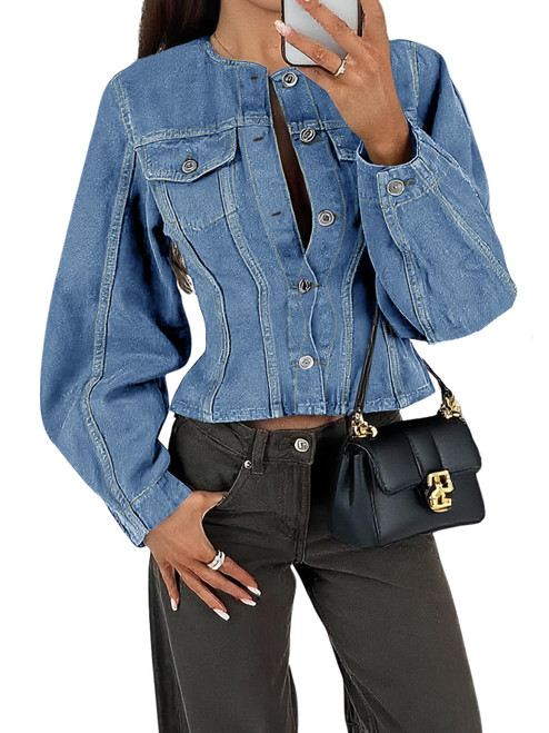 Tankaneo Womens Cropped Jean Jacket Trendy Crewneck Button Down Short Denim Jacket Y2k Slim Fit Casual Shacket