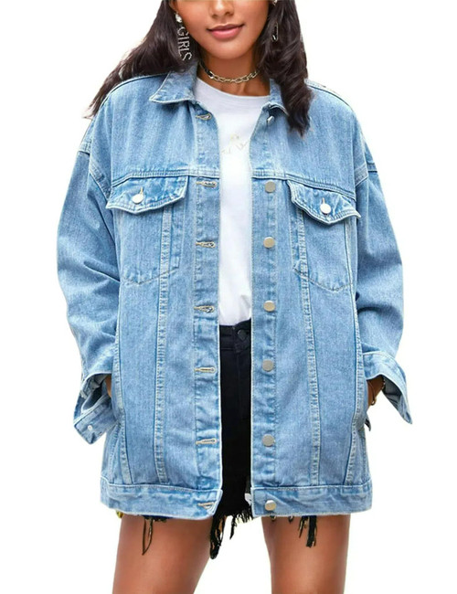Omoone Women's Oversized Mid Long Denim Jacket Jean Biker Coat(0199-Denim Blue-S)