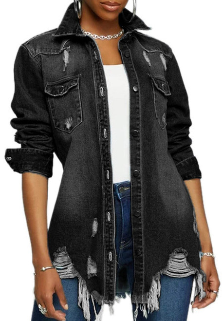 DvaeMalligo Jean Jacket Women Distressed Button Down Long Sleeve Ripped Oversized Frayed Denim Trucker Jean Jackets Black XL-1766729227