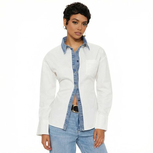 Women's Button-Down Denim Patchwork Shirt 100% Cotton Blend Denim Patchwork Women's Business Casual Top