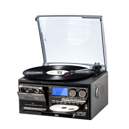 9-in-1 Vinyl Reocrd Player 3-Speed Turntable with Bluetooth, AM/FM Radio, CD/Cassette Playback, USB/SD/MMC Support, Remote Control, and External Speakers Support Aux in/RCA Out for Vinyl Lovers