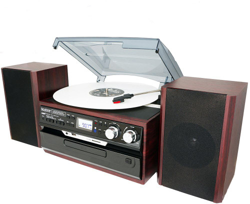 Boytone BT-24DJM Bluetooth Classic Style Record Player Turntable with AM/FM, CD/Cassette Player, Separate Stereo Speakers, Record from Vinyl, Radio, Cassette to USB with MP3 format, SD Slot, USB, AUX.