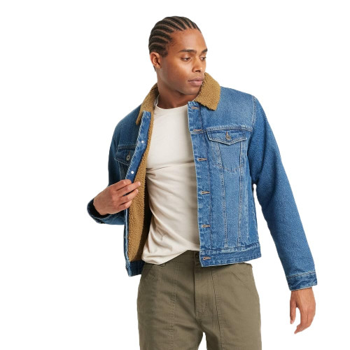 Goodfellow & Co Men's Faux Shearling Lined Denim Trucker Jacket - (US, Alpha, Large, Regular, Regular, Blue)