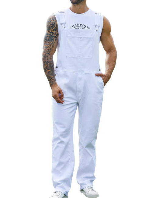 Yuanbang Overalls for Men Work Utility Coveralls Fashion Bib Romper Jumpsuit with Zipper Fly(White,L)