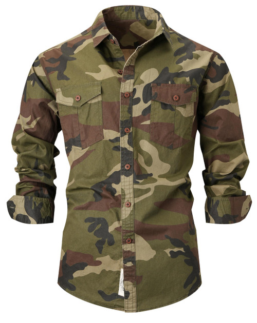 PAODIKUAI Men Camouflage Denim Shirt Camo Washed Military Long Sleeve Shirts Casual Button Down Shirts(Camou 2,M)